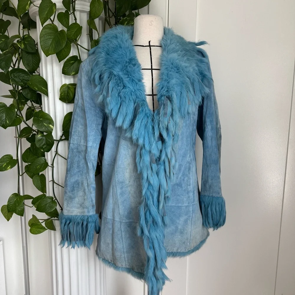Robins Egg Blue Mink Fur Trim Leather Jacket - Picture 1 of 5